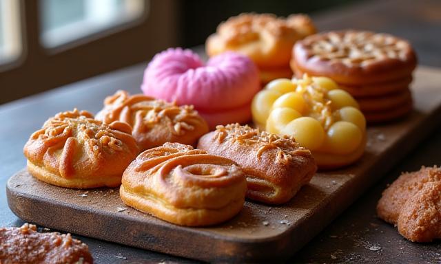 Selectie van traditionele Nederlandse gebakjes zoals stroopwafels en tompoezen